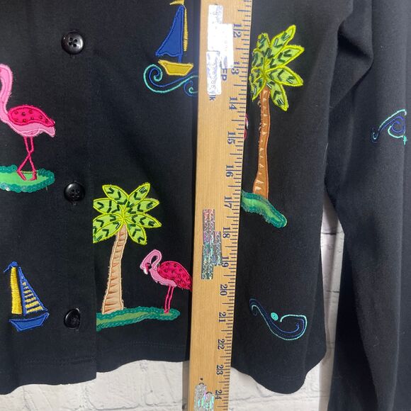 Michael Simon Cardigan Medium Black Beaded Palm Tree Flamingo Artsy Coastal - Picture 14 of 15